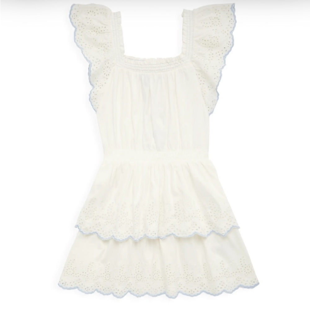 Ralph Lauren White Eyelet Tiered Dress with Light Blue Trim